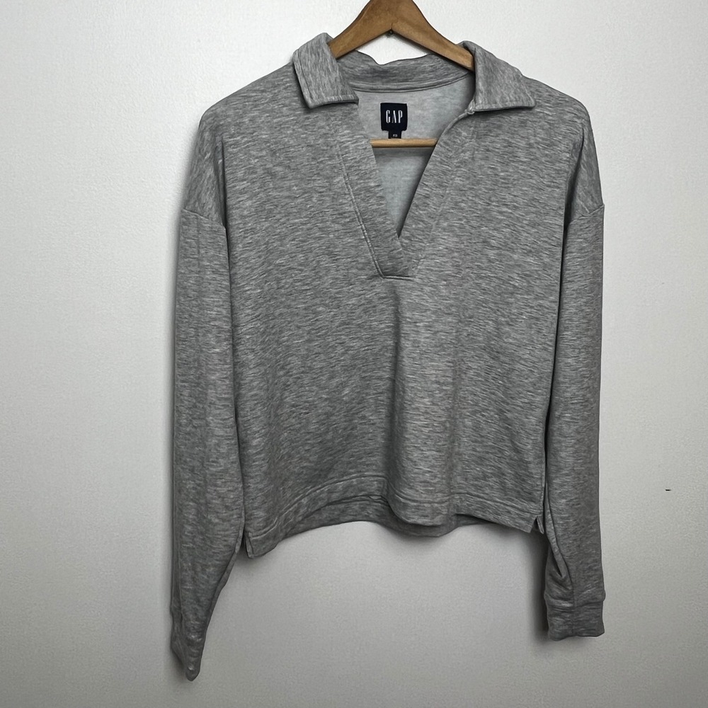Gap Womens XS Heather Grey‎ V-Neck Polo Collar Sweatshirt Stretch SOFT Pullover